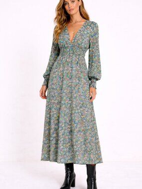 ASOS DESIGN Ditsy Floral Long Sleeve Shirred Waist Split Maxi Dress